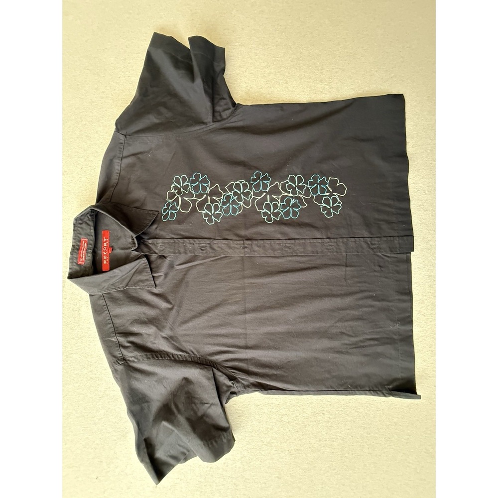 Report Collection Men's Cropped Black Button Up With Blue Flowers Xl